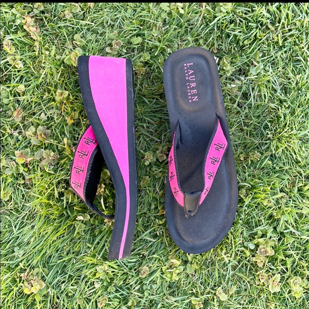 Ralph Lauren hot pink and black wedge foam sandals